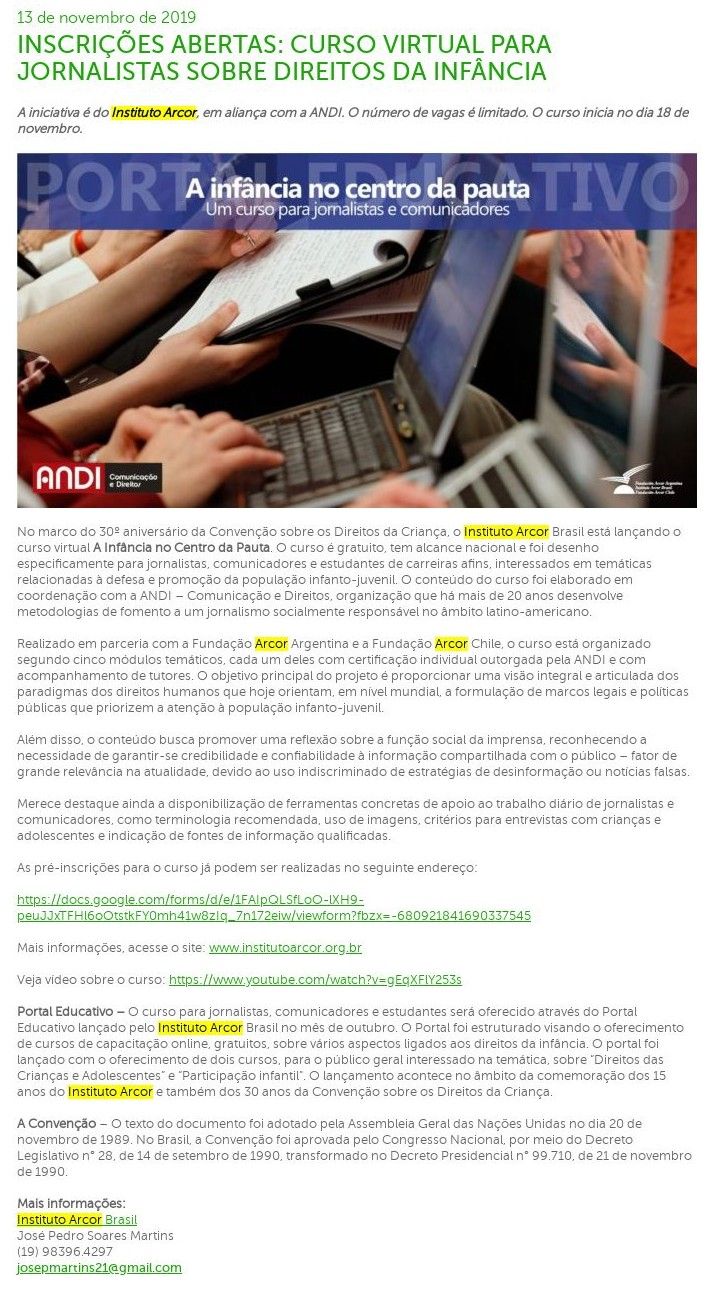 INSCRIÇÕES ABERTAS CURSO VIRTUAL PARA JORNALISTAS SOBRE DIREITOS DA