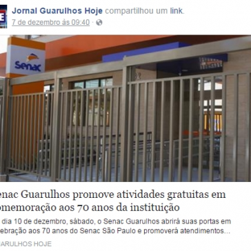 Senac Guarulhos promove atividades gratuitas em comemoração aos 70 anos da instituição – Guarulhos Hoje