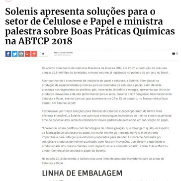 Solenis apresenta soluções para o setor de Celulose e Papel e ministra palestra sobre Boas Práticas Químicas na ABTCP 2018 – Celulose Online