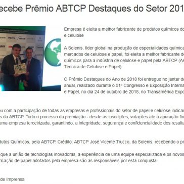 Solenis recebe Prêmio ABTCP Destaques do Setor 2018 – Revista Meio Filtrante