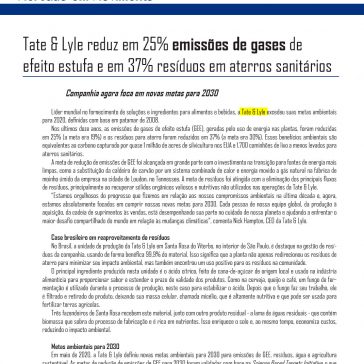 Tate & Lyle reduz em 25% emissões de gases de efeito estufa e em 37% resíduos em aterros sanitários – IT Ingredientes e Alimentos