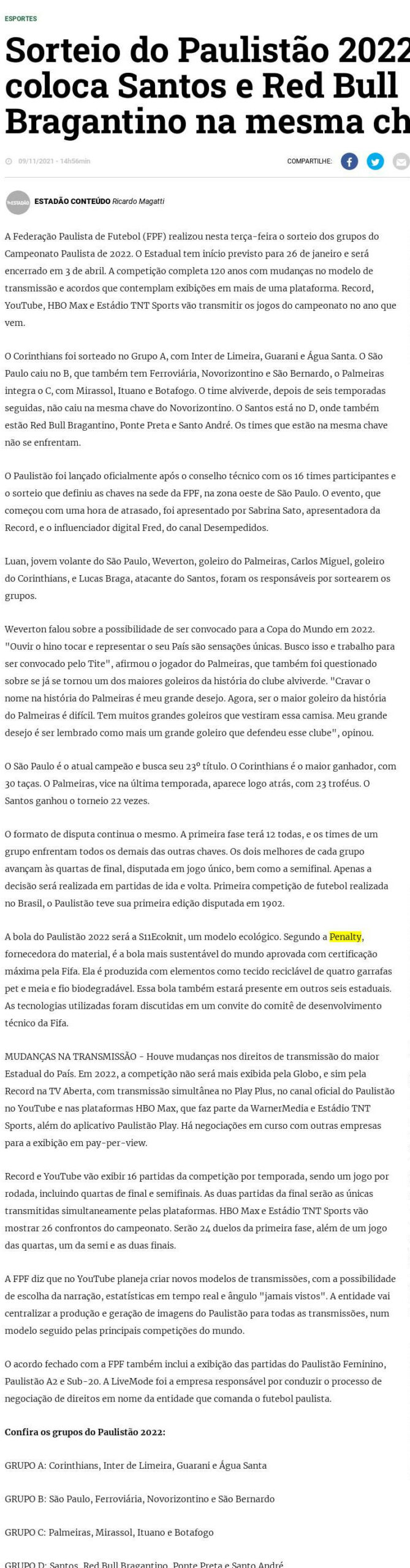 Chamada do Campeonato Paulista  Paulistão 2022 na Record - Sorteio de  Grupos (09/11/2021) 