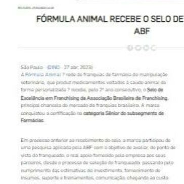 Fórmula Animal recebe o Selo de Excelência da ABF – Agência Estado