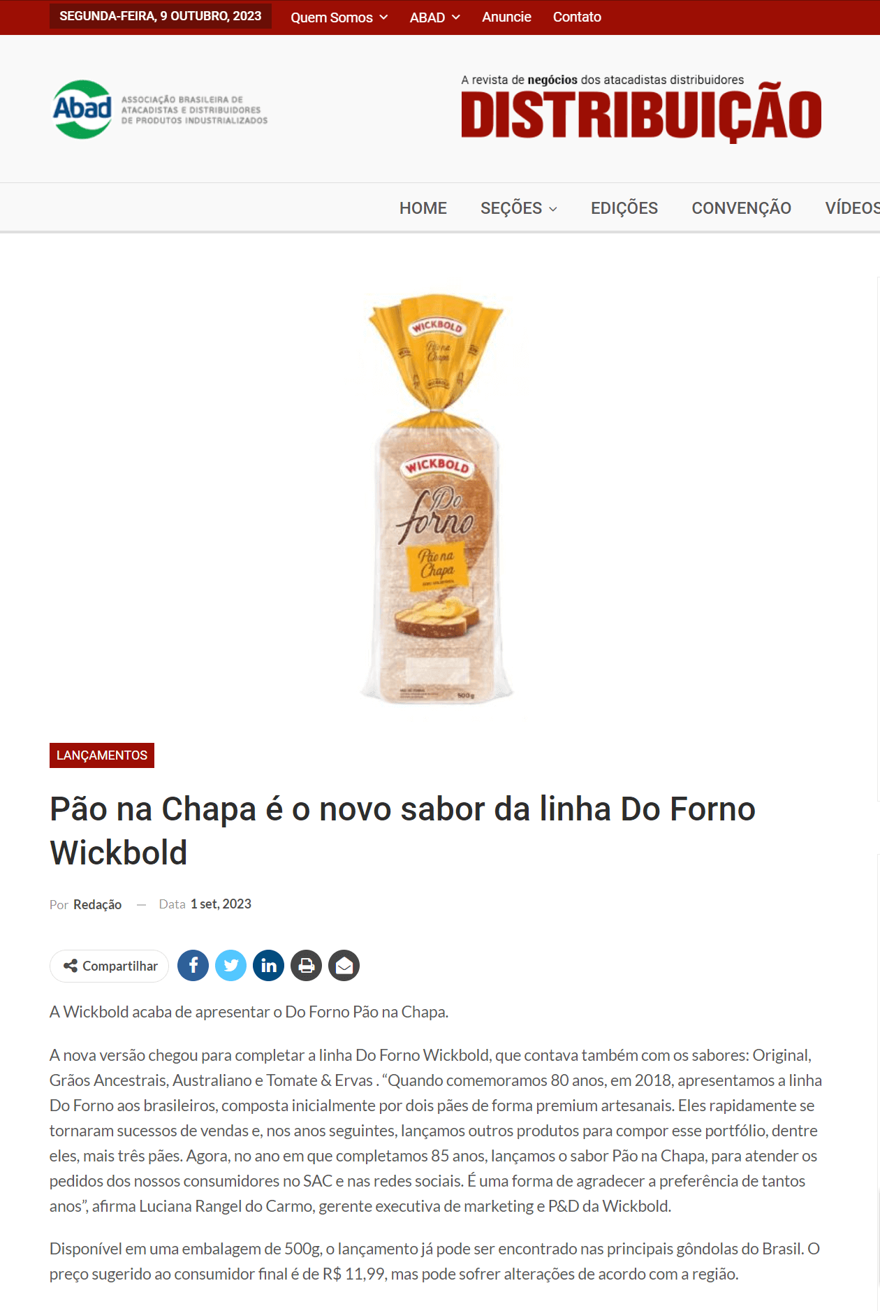 Pão na Chapa é o novo sabor da linha Do Forno Wickbold Distribuição 1