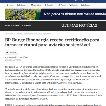 BP Bunge Bioenergia recebe certificação para fornecer etanol para aviação sustentável – Canal Pecuarista