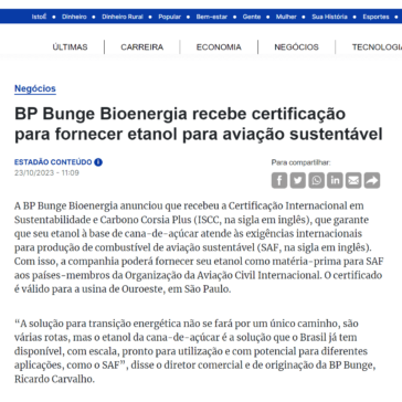 BP Bunge Bioenergia recebe certificação para fornecer etanol para aviação sustentável – IstoÉ Dinheiro Online