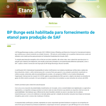 BP Bunge está habilitada para fornecimento de etanol para produção de SAF – Portal Siamig