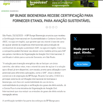 BP Bunge Bioenergia recebe certificação para fornecer etanol para aviação sustentável – Agência Estado – Broadcast